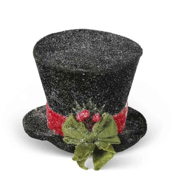 Great-Finds-Parker-Products-K&K Interiors-5-5-inch-sm-black-snow-glittered-top-hat-w-red-ribbon-and-green-bo