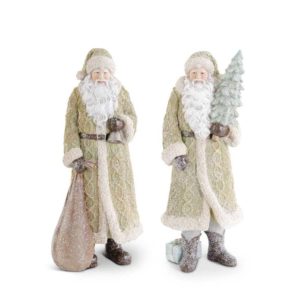 Great-Finds-Parker-Products-K&K Interiors-assorted-glittered-resin-santas-in-olive-green-coat-2-styles