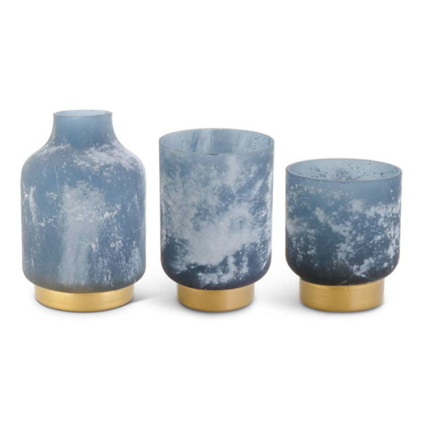 Great-Finds-Parker-Products-K&K Interiors-set-of-3-frosted-blue-glass-containers-w-gold-base-grad-sizes