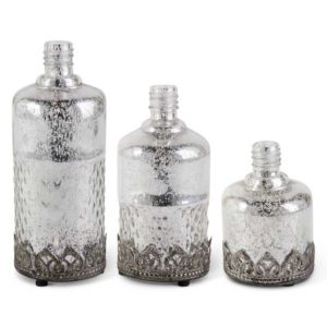 Great-Finds-Parker-Products-K&K-Interiors-set-of-3-vintage-mercury-glass-led-bottles-grad-sizes