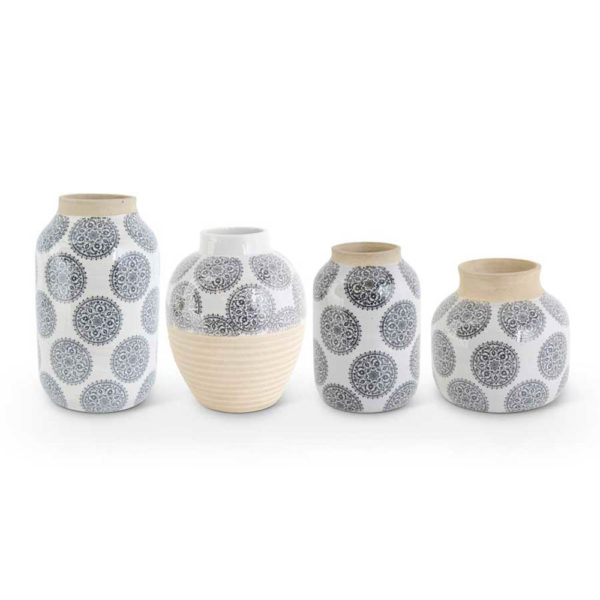 Great-Finds-Parker-Products-K&K Interiors-set-of-4-white-stoneware-vases-w-gray-mandalas