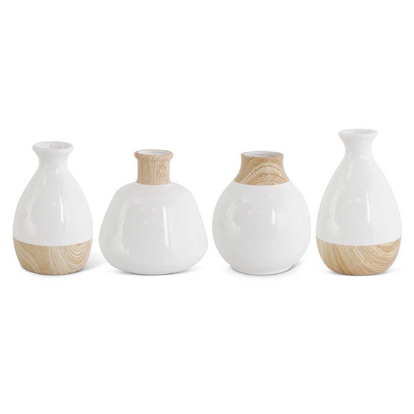 Great-Finds-Parker-Products-K&K Interiors-set-of-4-white-stoneware-vases-w-wood-decal-base-grad-sizes