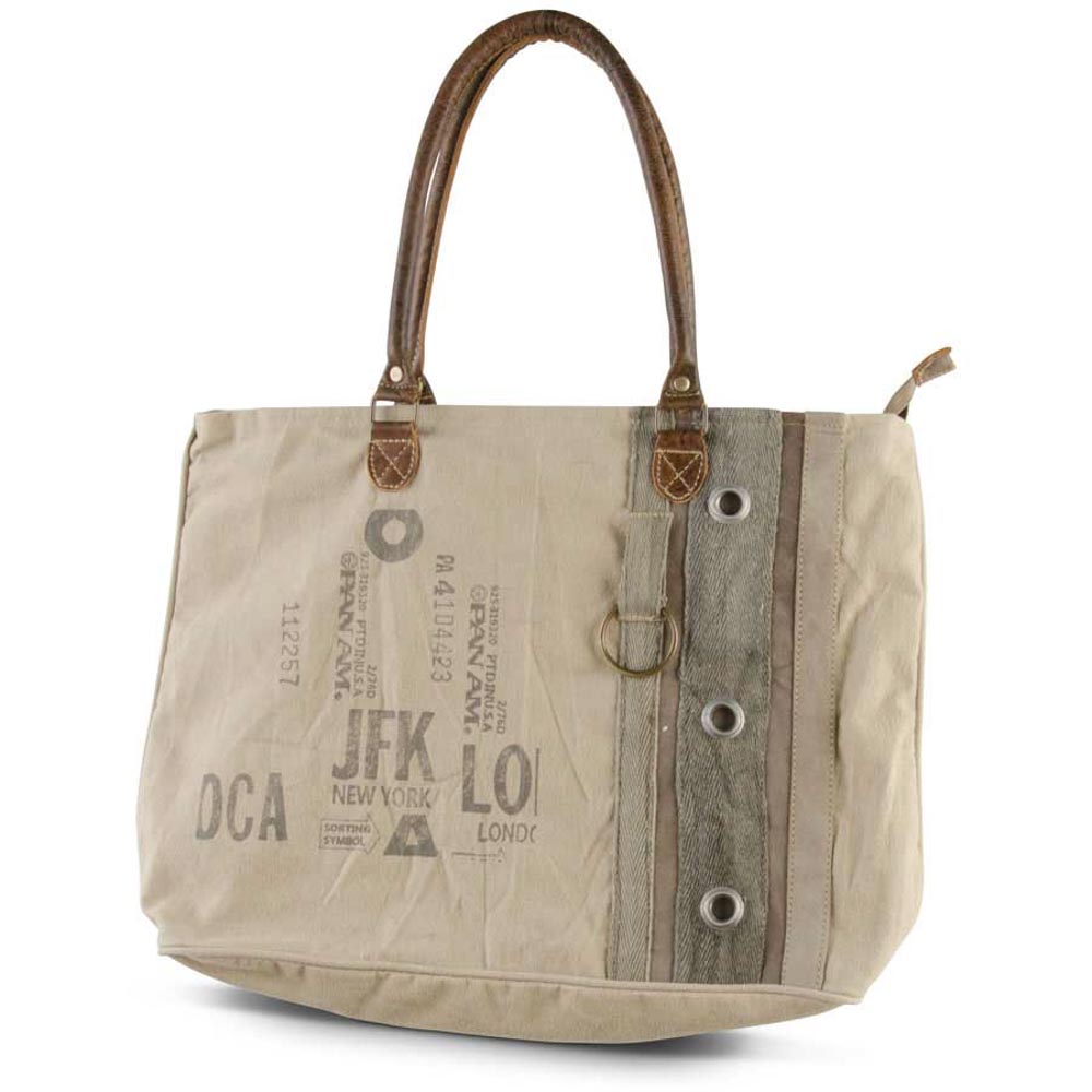 Weathered Canvas (JFK/New York/London/Pan Am) Tote Bag with Brown Leath ...